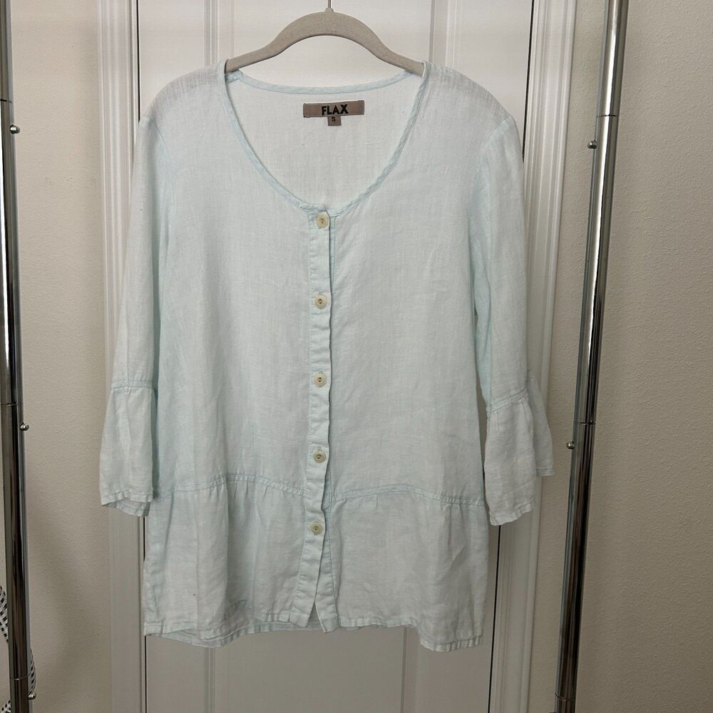 FLAX Womens 100% Linen Shirt Button Down Light Blue Small Lagenlook
